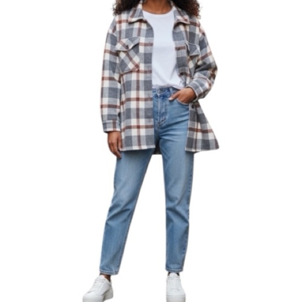 HFX Plaid Shacket Jacket Gray Rust Ivory Snap Front Size Large